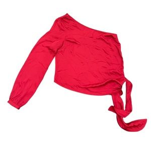 L’Academie Revolve bright red one shoulder blouse with tie on side